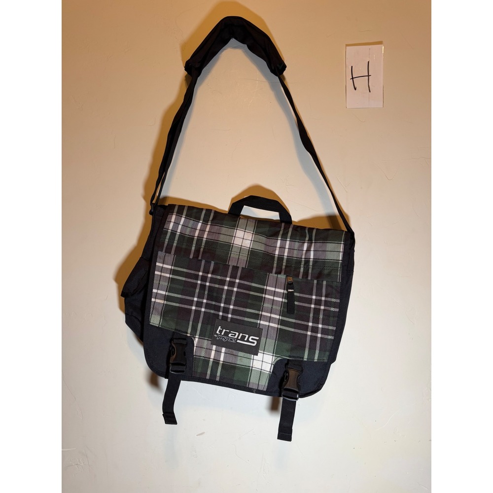 Trans by JanSport Messenger Bag Plaid Laptop School Satchel Green Black